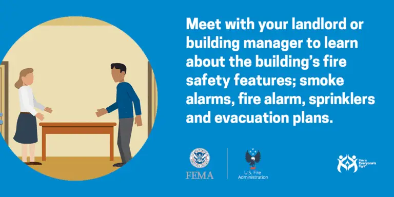 A tenant meets with their property manager at a desk to discuss the fire safety features of the building, including fire alarms, sprinklers, and evacuation plans, as part of an awareness initiative by fema and the us fire administration.