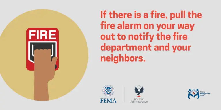 A hand activating a fire alarm with an informational message: "if there is a fire, pull the fire alarm on your way out to notify the fire department and your neighbors," along with logos indicating the message is from fema and the us fire administration.