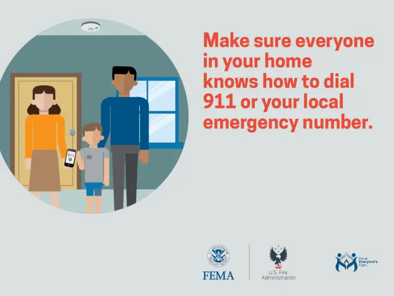An illustration promoting emergency awareness with a family at home and a message saying "make sure everyone in your home knows how to dial 911 or your local emergency number." there are logos of fema, u.s. fire administration, and ready.gov at the bottom.