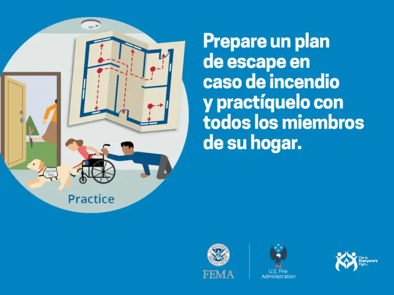 Una familia, incluyendo personas con discapacidad, revisando y practicando su plan de escape en caso de incendio en el hogar.