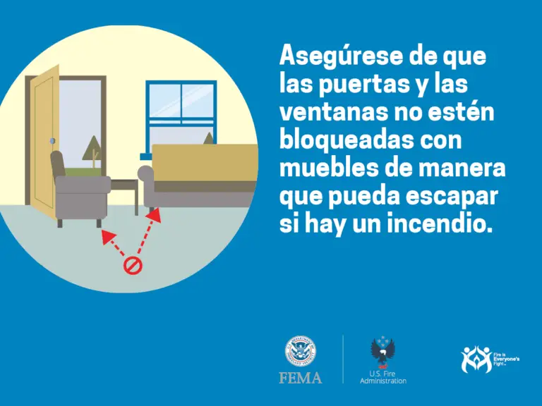 Infographic providing fire safety advice in spanish, recommending to ensure doors and windows are not blocked by furniture to allow escape in case of a fire, with graphics illustrating the concept in a home setting.