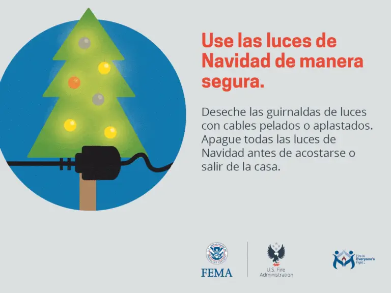 Be safe with holiday lights - unplug or turn off christmas tree lights before leaving home or going to bed. a message from fema, us fire administration, and the esfuerzos de respuesta comunitaria organization.