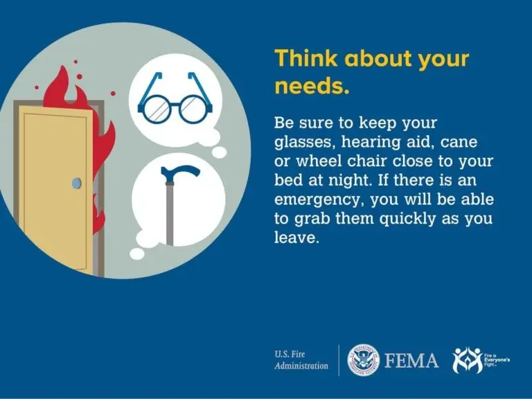 Emergency preparedness reminder for older adults: keep essential mobility aids like glasses, hearing aids, or wheelchairs close to your bed for quick access in case of an emergency.