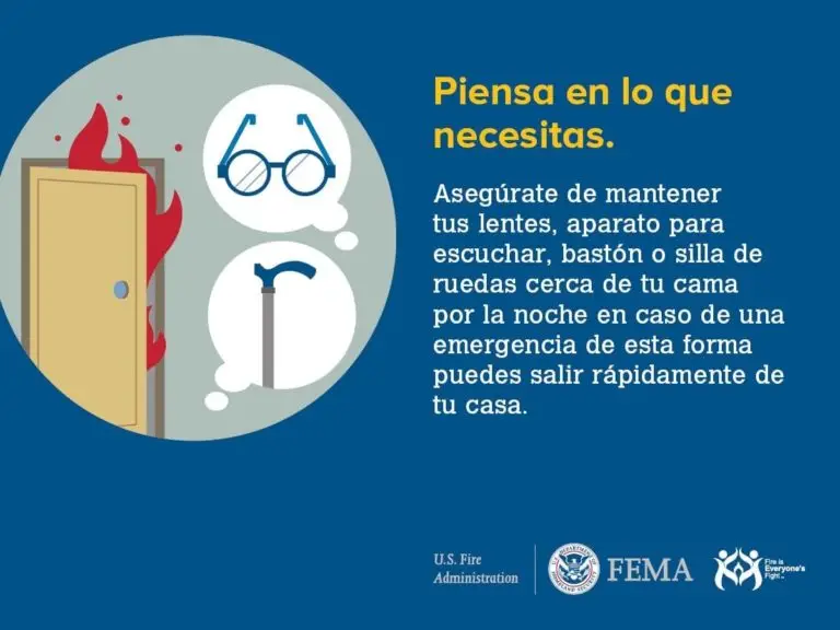 Prepárate para emergencias: mantén a mano tus gafas, bastón o silla de ruedas cerca de la puerta para una evacuación rápida en caso