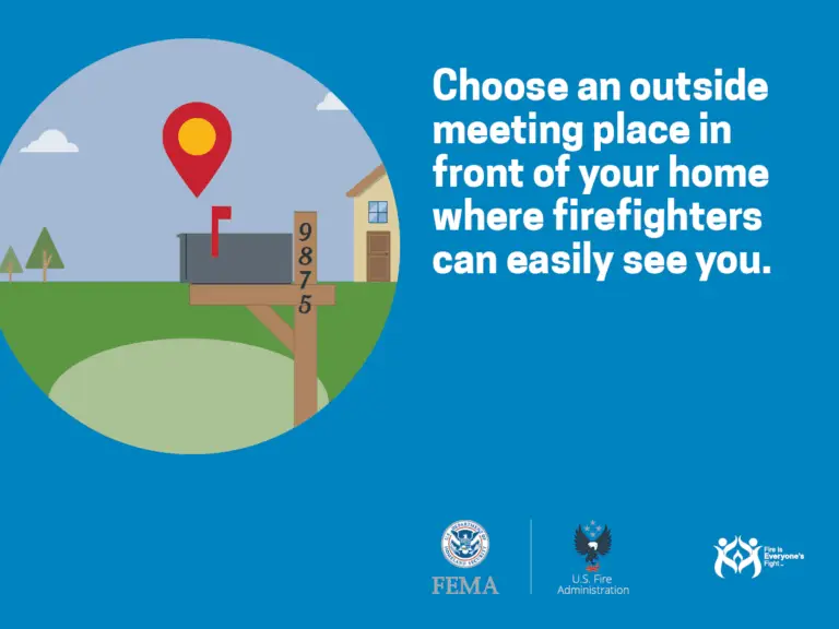 A safety information graphic urging to select an outside meeting spot in front of the home that is easily visible to firefighters, with an illustration of a house number and a location marker.