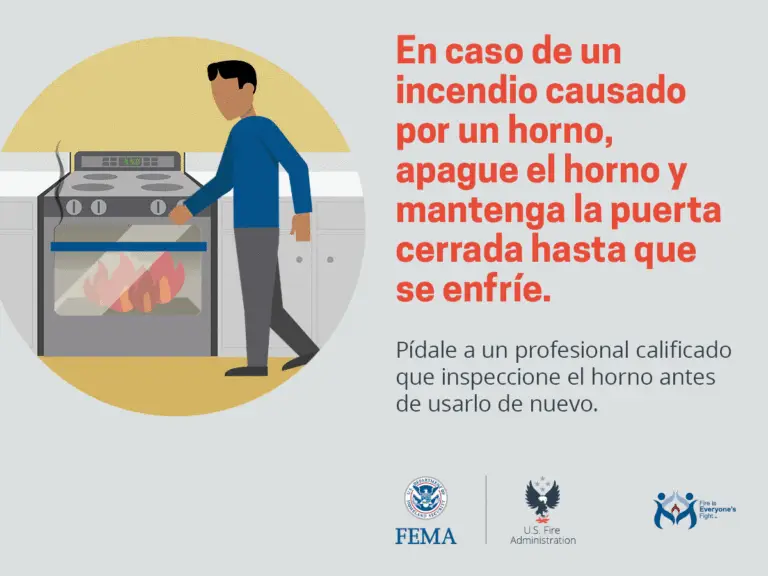 A man standing next to an oven with visible flames inside, following safety instructions in case of a fire caused by an oven. the text advises to close the oven door and not to use it again until it has been professionally inspected. the logos of fema, us fire administration, and the department of homeland security are displayed, indicating that this is an official safety message.