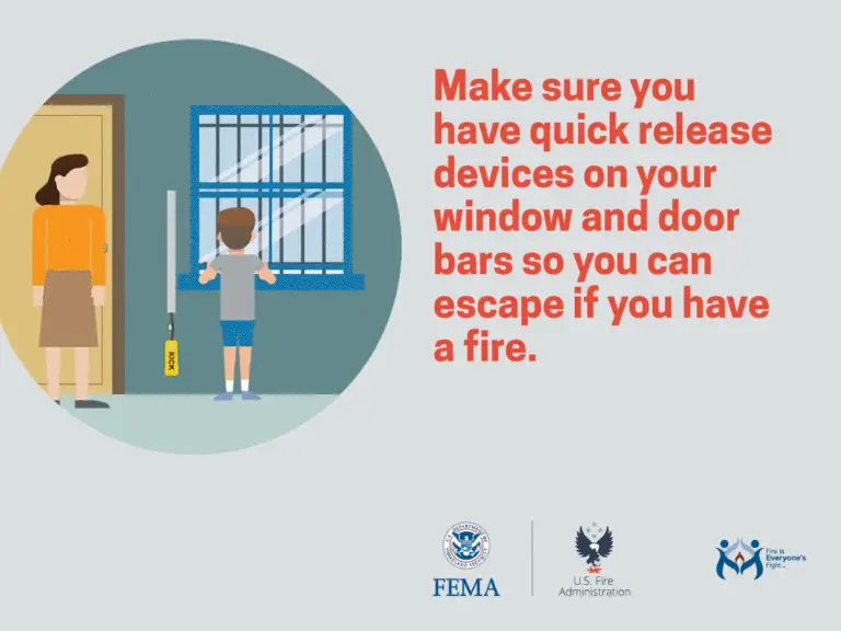 A child demonstrating the use of quick release bars on a window to an adult, emphasizing the importance of having an accessible escape route in case of a fire, with safety messages from fema, the us fire administration, and fireiseveryonesfight.