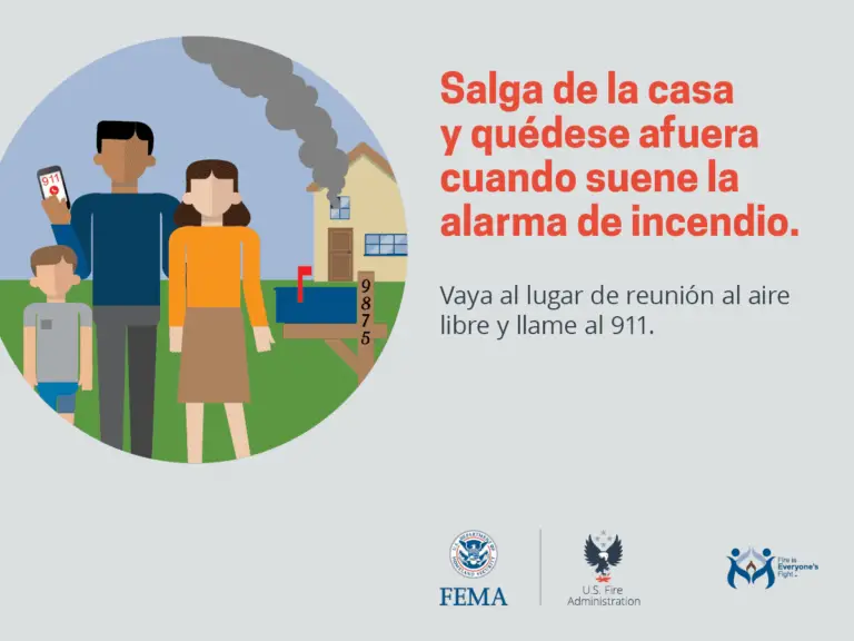 Ilustración de seguridad contra incendios: una familia evacuando su casa y siguiendo un plan de emergencia.