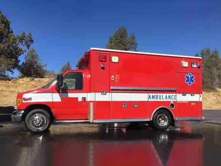 Red and white ambulance vehicle parked on an asphalt surface with trees and a clear blue sky in the background.