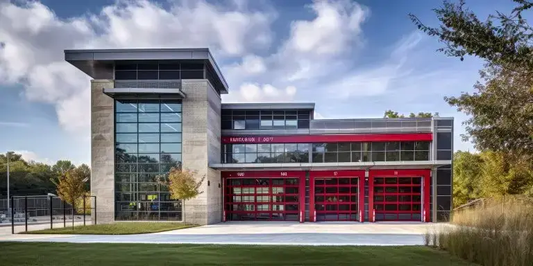 Modern fire station building with striking red garage doors under a clear sky.