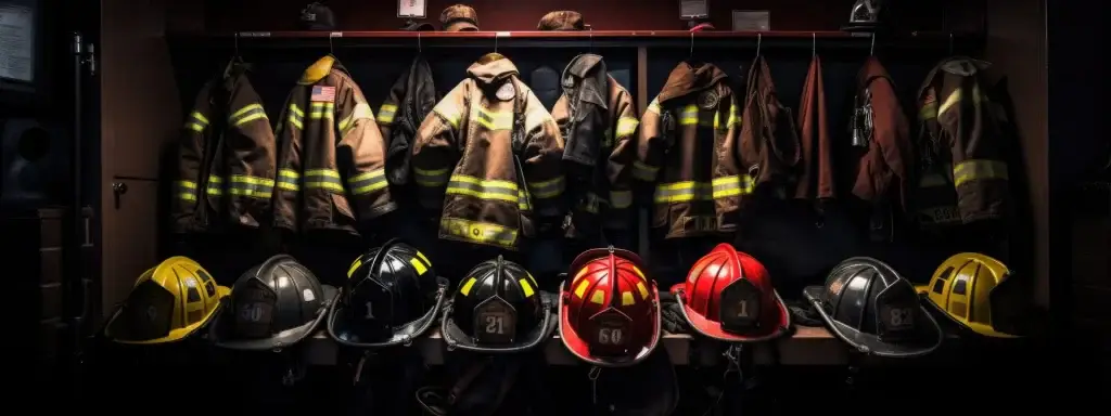 Ready for the call: a row of firefighter gear, helmets, and jackets, organized and on standby in a fire station locker, symbolizing preparedness and bravery.