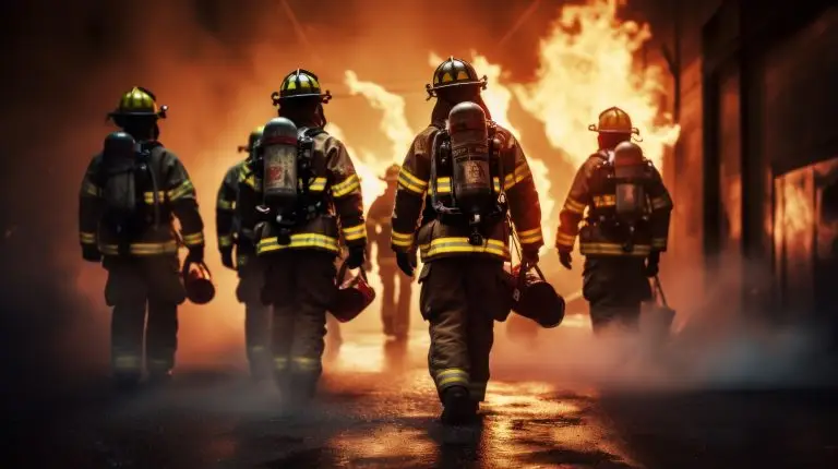 Brave firefighters walking towards danger as they approach a massive blaze, ready to battle the inferno and save lives.