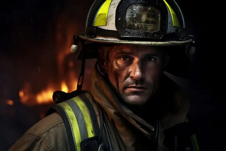 A determined firefighter stands steadfast, soot and sweat on his face, with the intense glow of raging flames in the background, a testament to the bravery of those who battle blazes to keep us safe.