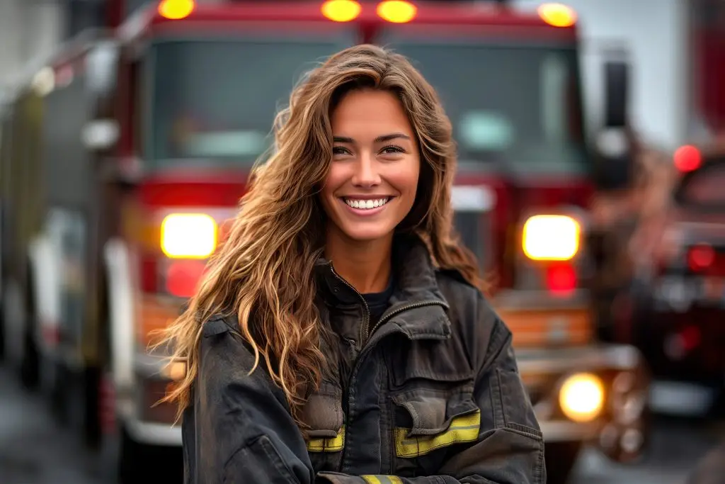 A smiling female firefighter in gear with a fire truck in the background.